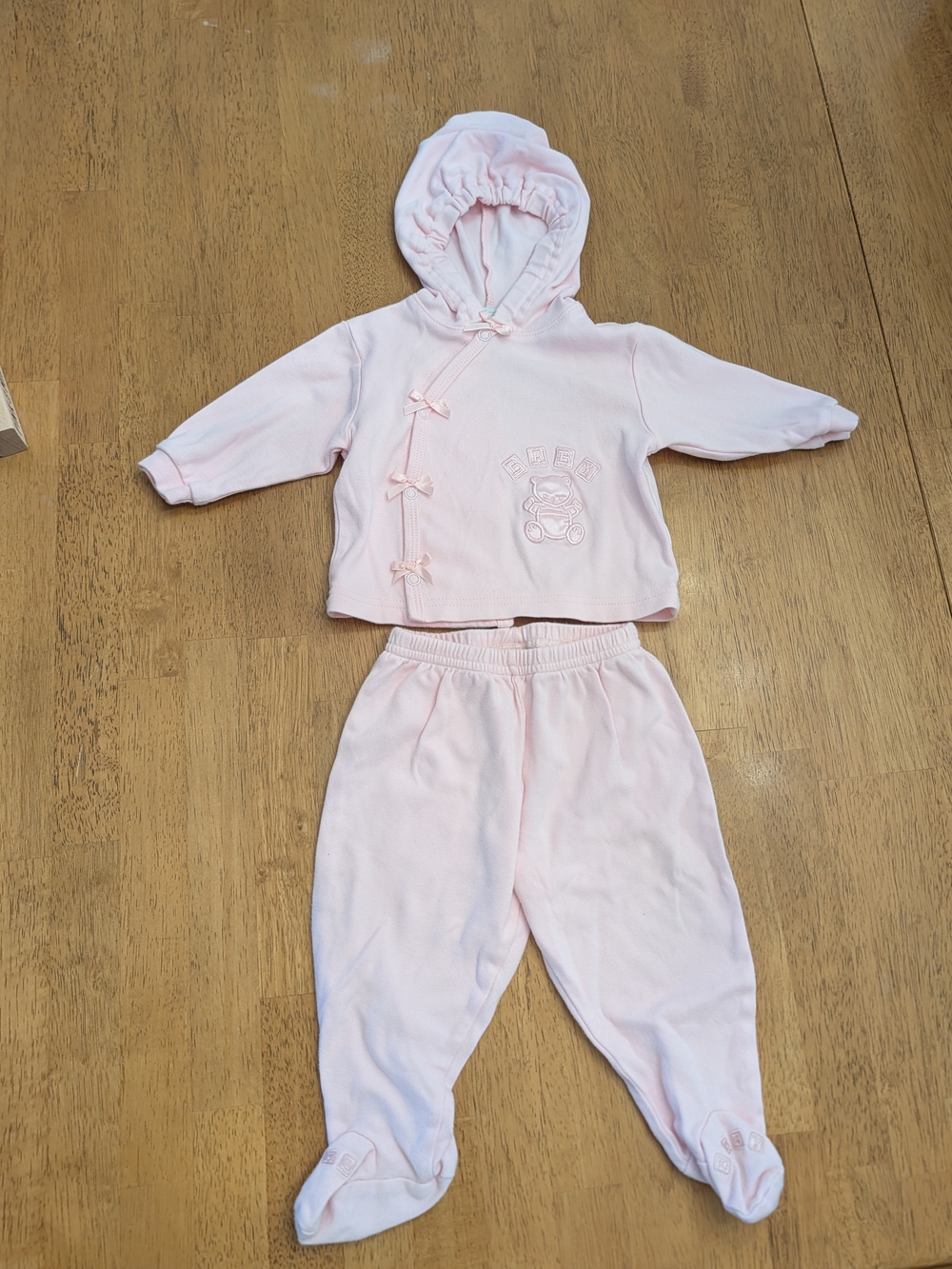 Vintage Welcome Baby Pink 2pc Hooded Wrap Top & Footed Pants Set 6-9
